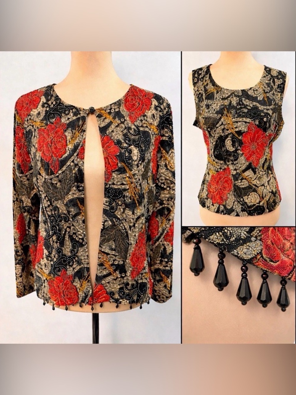 Vintage Beaded Hem Metallic Top 2pc USA Black Red Roses Large Petite Y2K 90s